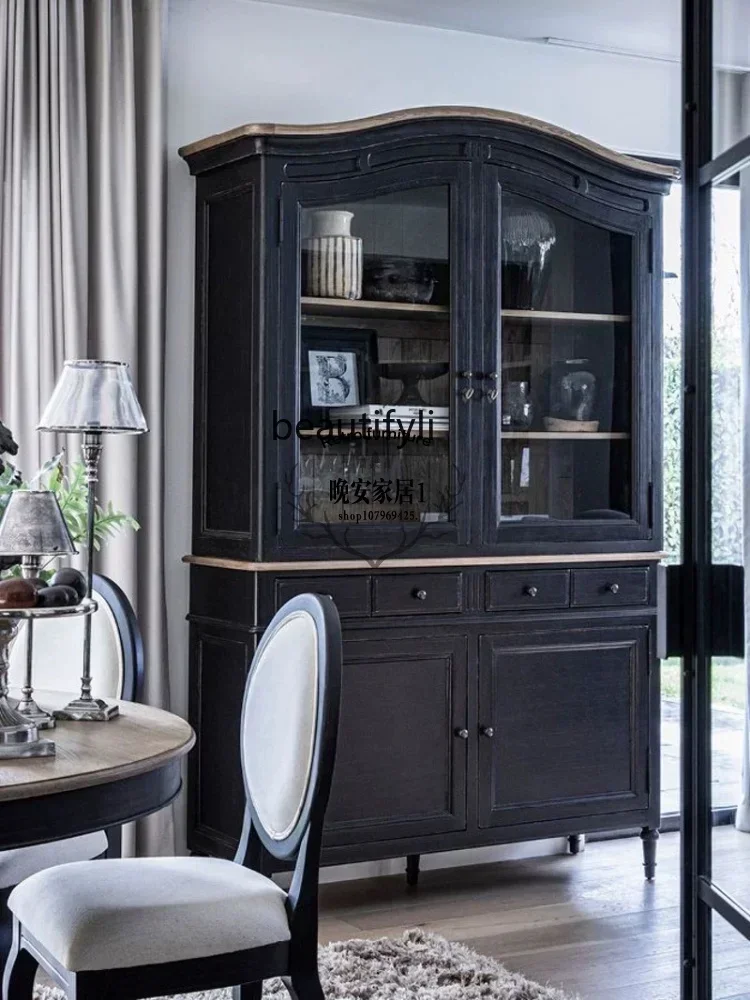 Q181 BAmerican rural solid wood dining side cabinet retro and old curved locker French black storage cabinet