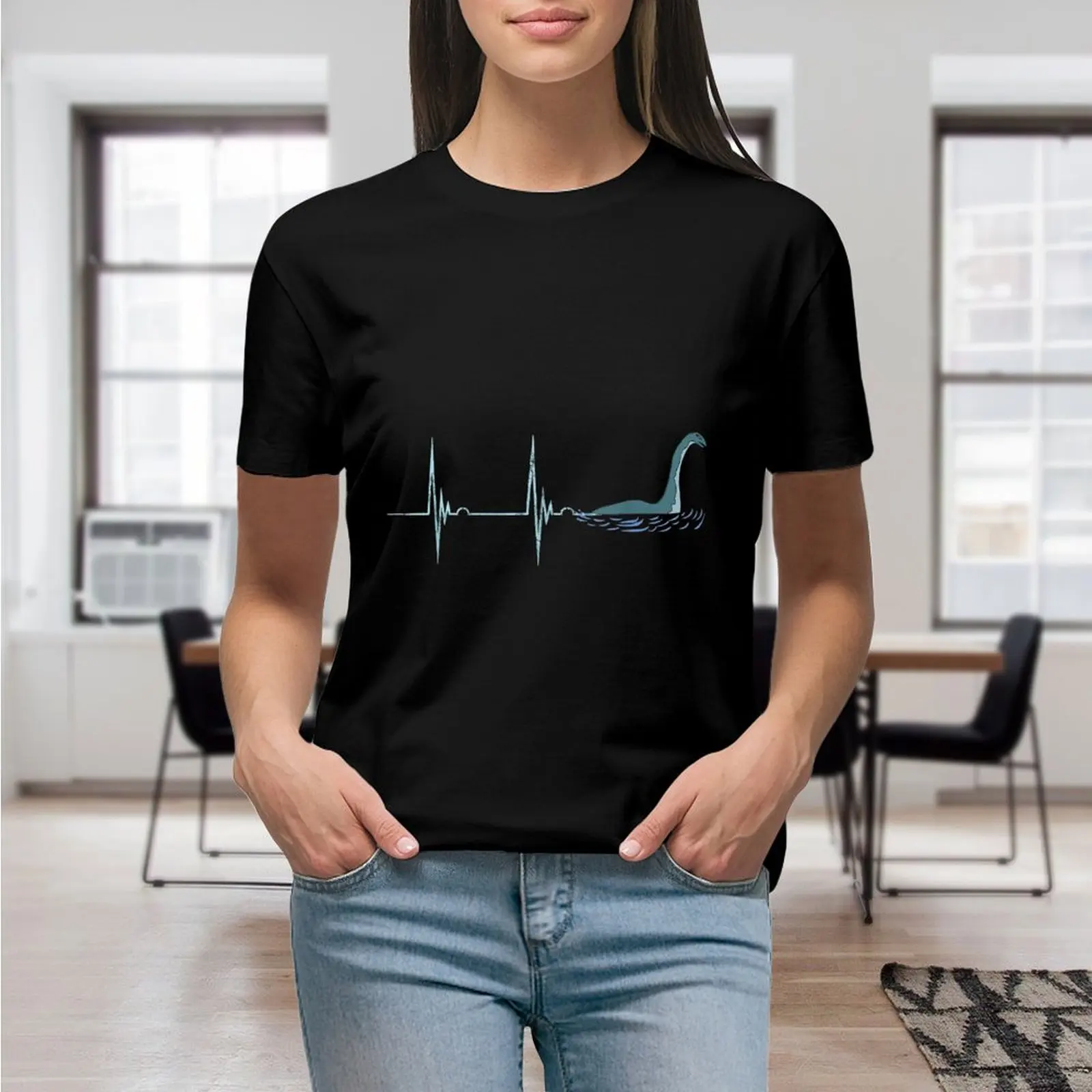 Loch Ness Nessie Heartbeat EKG Pulse Sea Monster Print T Shirt Graphic Shirt Casual Shorts Sleeved Female Tee T-Shirt Size S-4XL