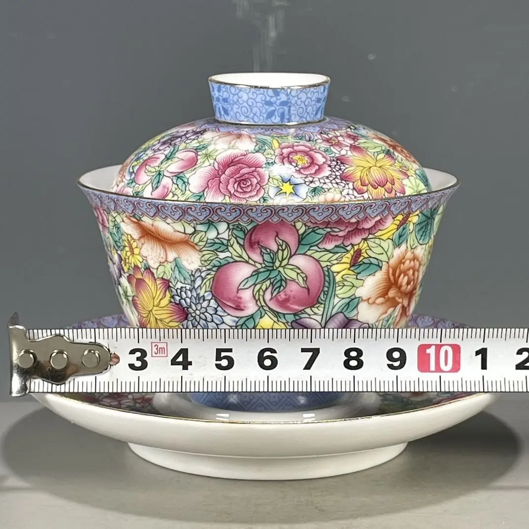 Chinese Vintage Old Kiln Falangcai 3-Piece Gaiwan Hand Painted Flower Oriental Wenwan Collectible