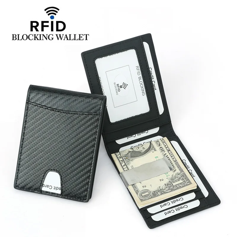 Cowhide Men's Wallet Credit Card Holder RFID Blocking Carbon Fiber Men Money Clips Ultra-thin Card Wallets Slim Bifold Purse