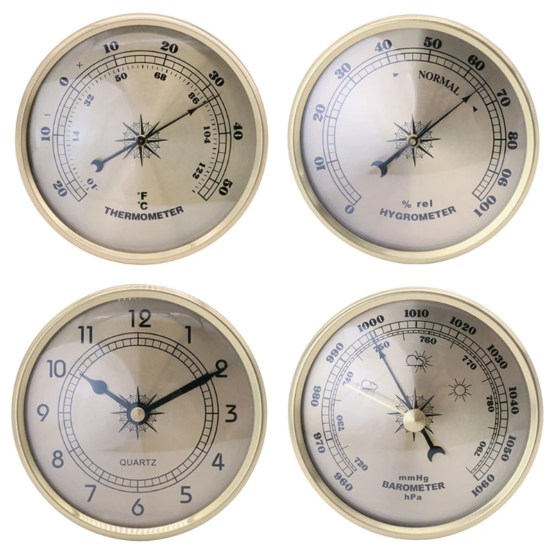 

90mm Gold Frame Thermometer Hygrometer Wall Hanging Barometer Alarm Clock