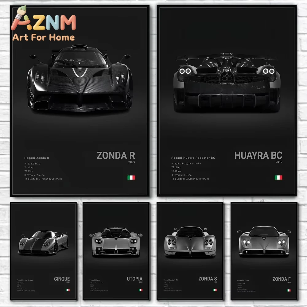 1/6 Piezas de Póster de Lujo del Famoso Superauto P-Pagani HUAYRA BC CINQUE ZONDA R S F, Decoración de Pared para Sala de Estar, Hogar, Garaje
