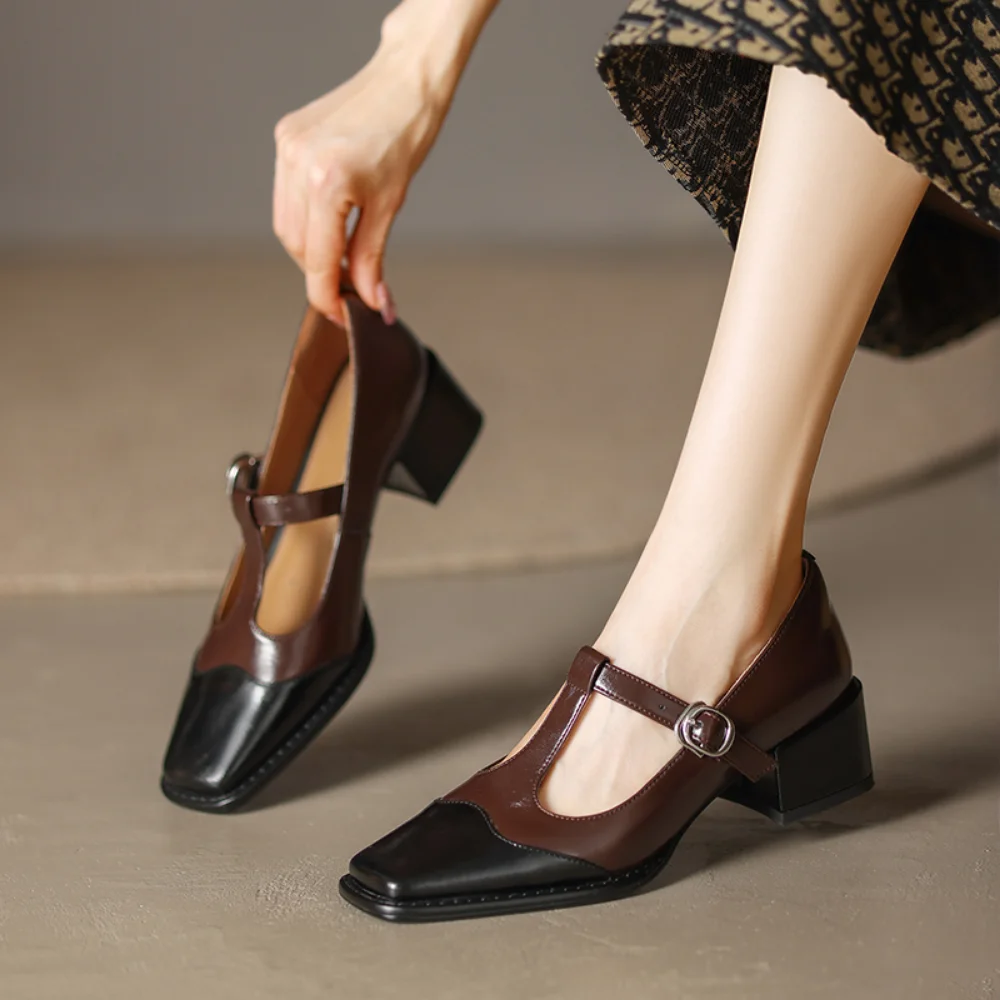 2024 New Women Dress Shoes Thick Heels Mary Janes Shoes Genuine Leather Shallow Square Toe Pumps Ankle Strap Ladies Shoes Office