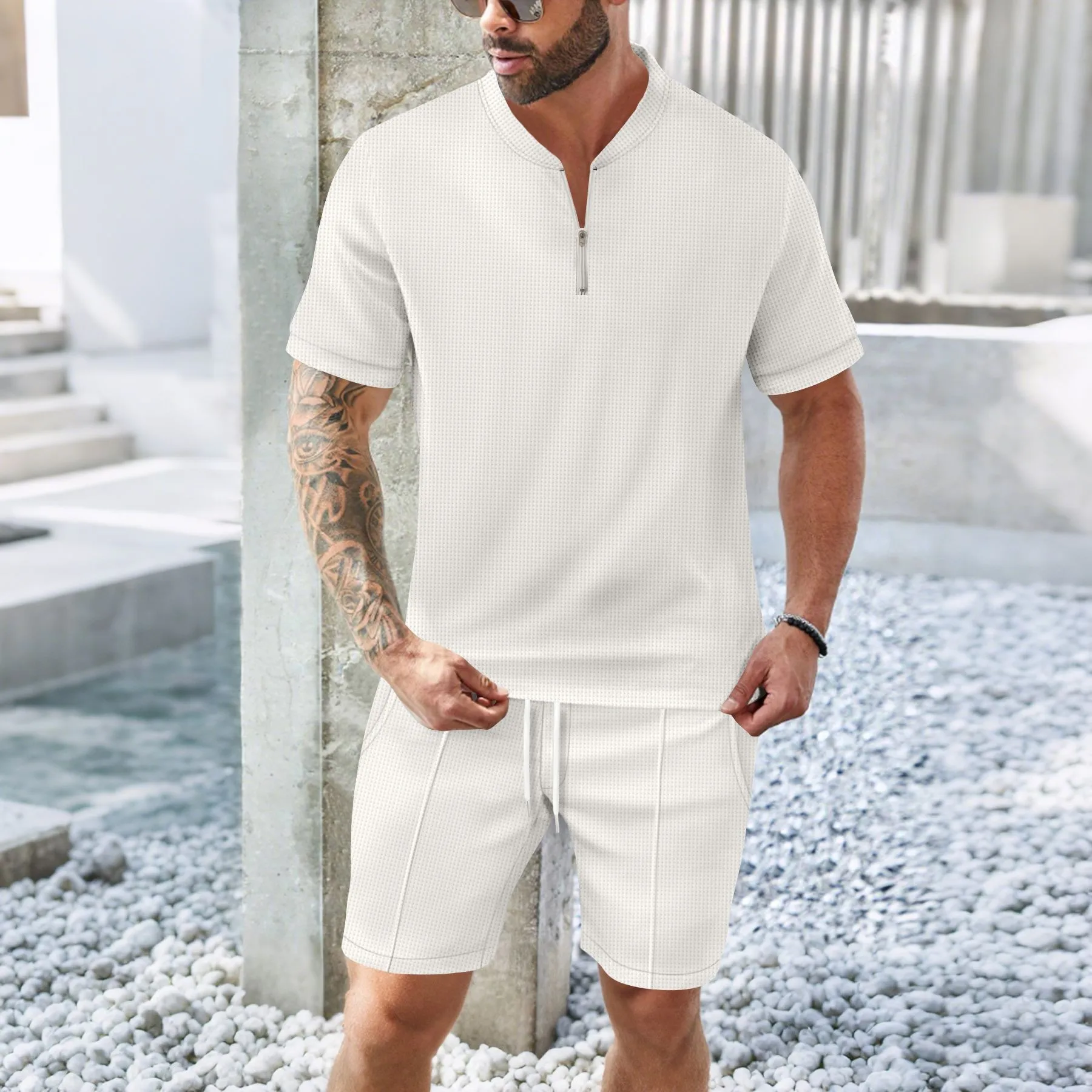 2025 summer new Europe and the United States men's casual Waffle solid color stand collar short sleeve shorts two sets