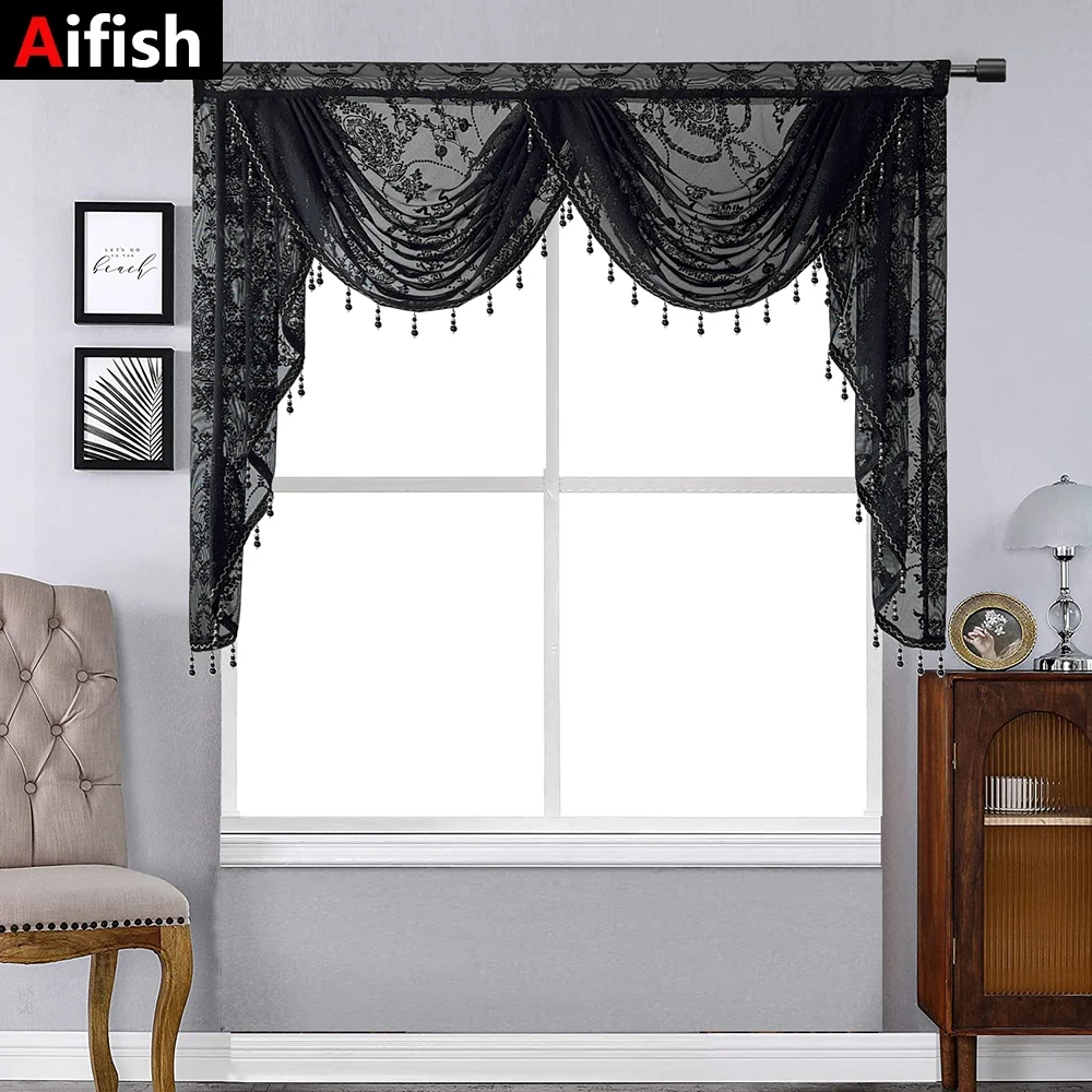 Black Lace Sheer Flower Valance Curtain Luxury Beaded Wavy Waterfall Scallop Curtain for Living Room Rod Pocket Top Window Drape