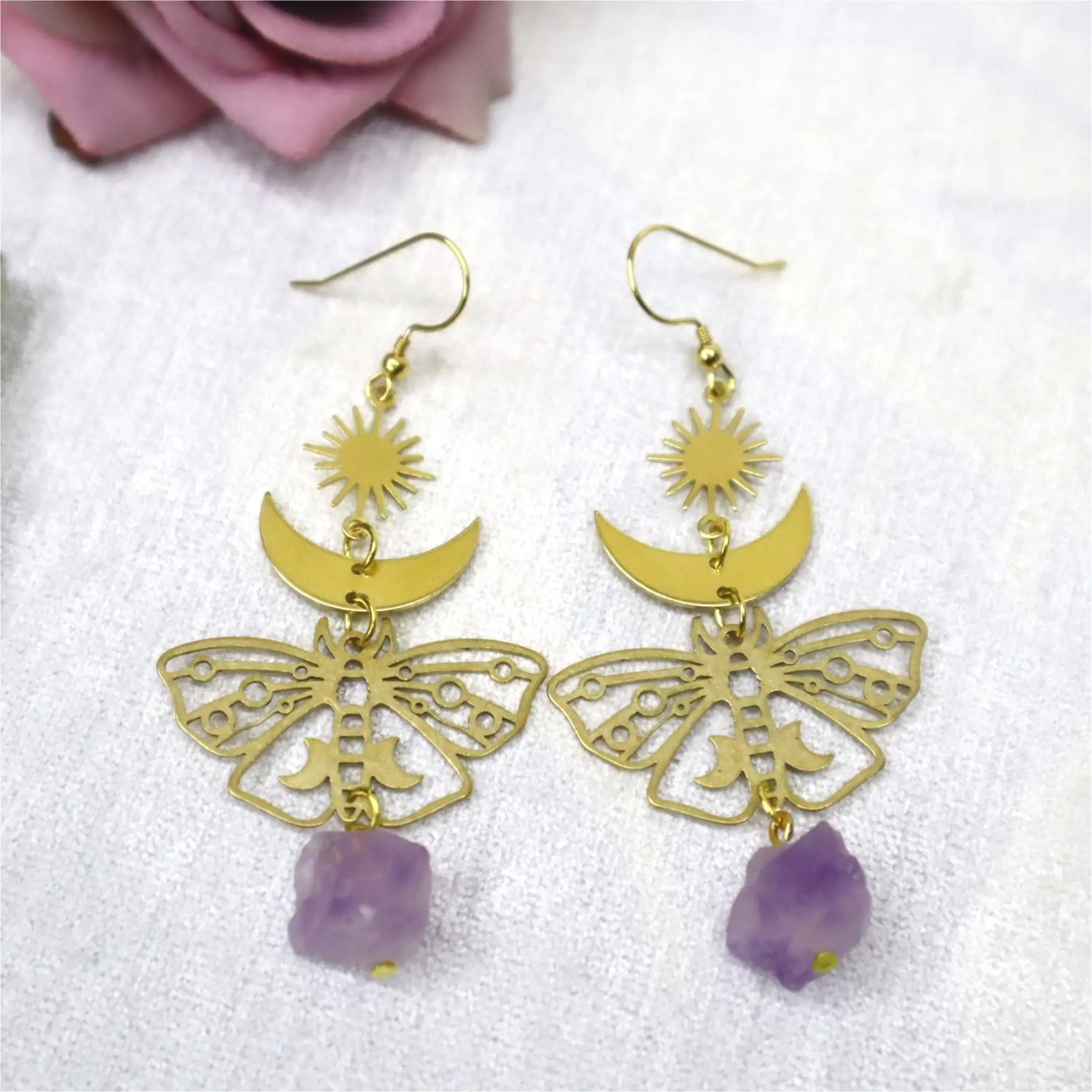 Sun Earrings Gold Color Jewelry Natural Amethyst Bud Amethyst Flower Bohemia Earrings Butterfly Earrings Hypoallergenic