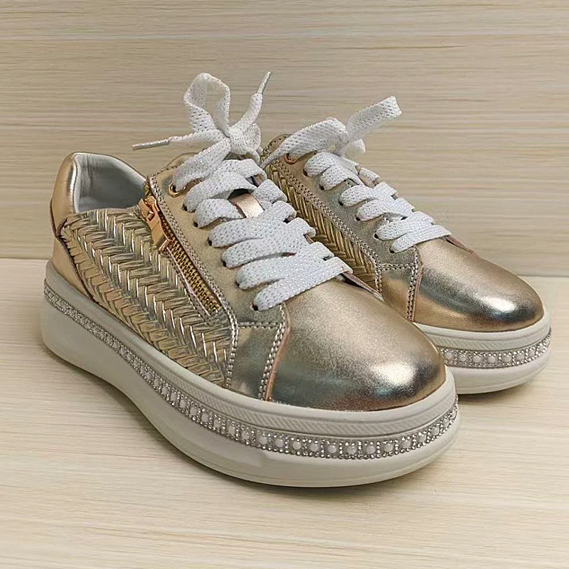 

Sheepskin Retro Engraved Women's Casual Shoes Fashion Platform Golden Flat Bottom Female Sneakers Comfortable Tennis Femalev