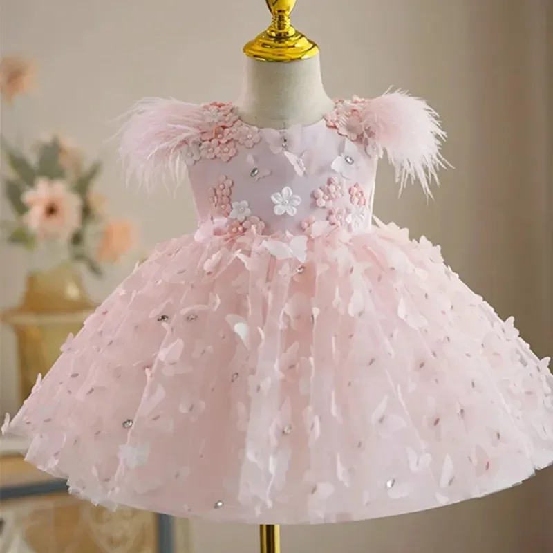 

Pink Lace Flower Girl Dress for Wedding Long Butterfly Appliques Feather Princess First Communion Birthday Gowns Customized