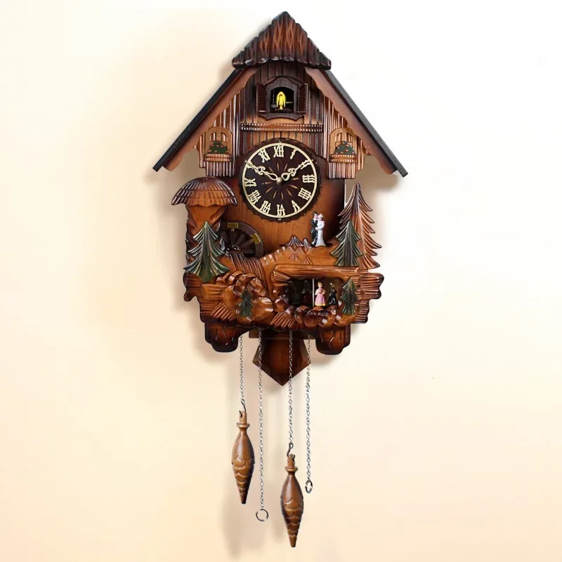 

Retro Creative Cuckoo Clock Silent Movement Wooden Wall Clocks Cuckoo Call on The Hour Family Interior Living Room Decoration