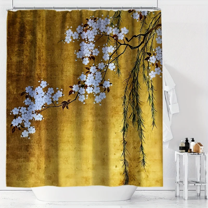 YWJHUI Chinese Style Floral Tree Painting Digital Print Shower Curtain, Water-resistant Polyester with Hook, Machine Washable, K