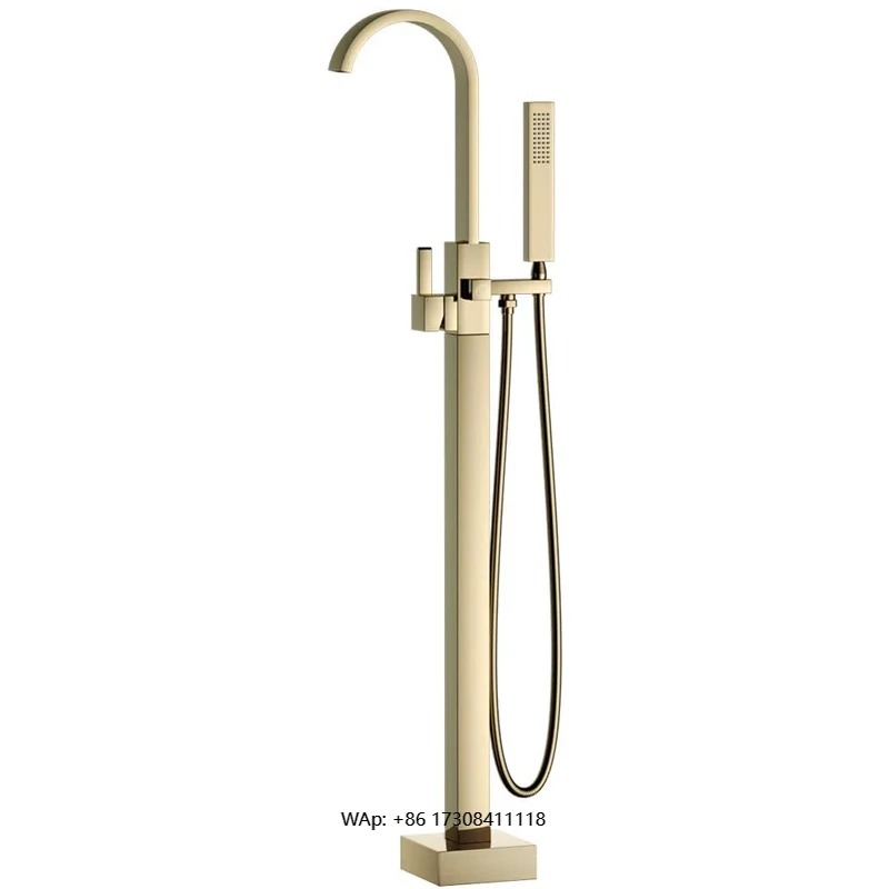 Freestanding brass tub faucet, floor-standing, modern design, brushed gold finish, with hand shower and single handle