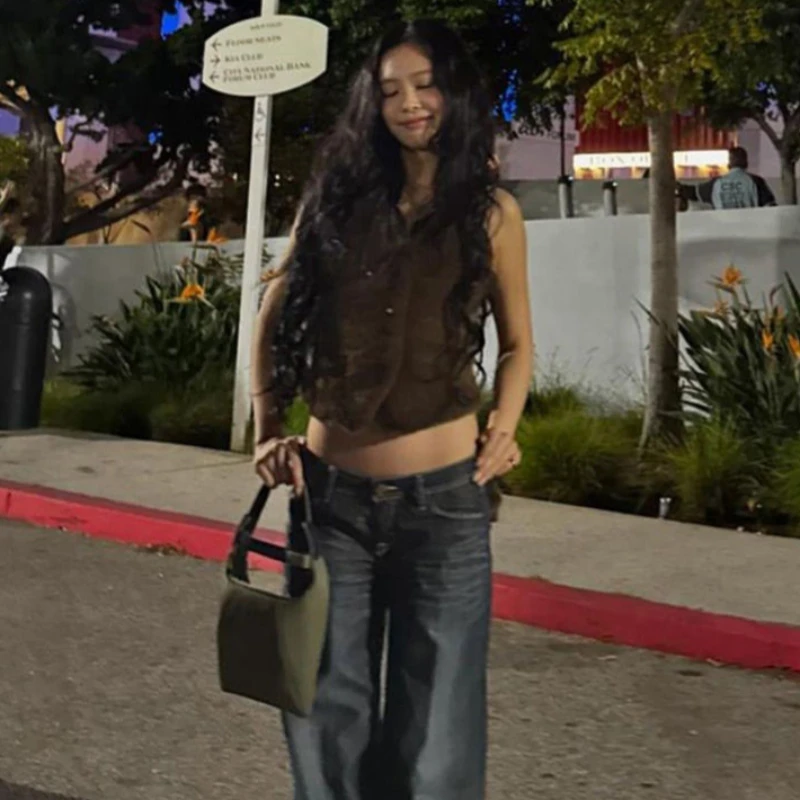 제니의 같은 스타일 미국 복고풍 매운 소녀 스타일 다크 브라운 여성 조끼 가을 매운 소녀 트렌드 슬림 핏 록 펑크 탑