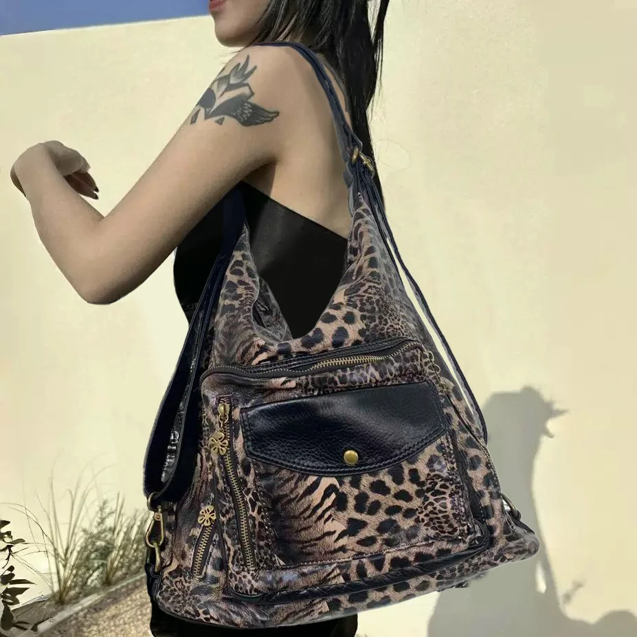 Ladies' fashionable multi pocket motorcycle shoulder bag with large capacity retro washed leopard print crossbody backpack - view 2
