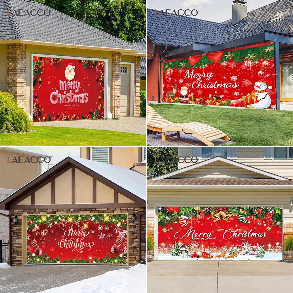 Christmas Garage Door Backdrop Decor Xmas Tree Santa Claus Red Banner Hanging Outdoor Festive Party Photo Background Decoration