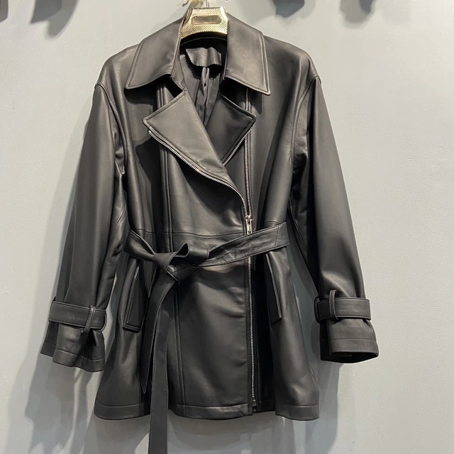 New Real Lamb Black Leather Trench Coat Women Petite Coat for Lady AliExpress