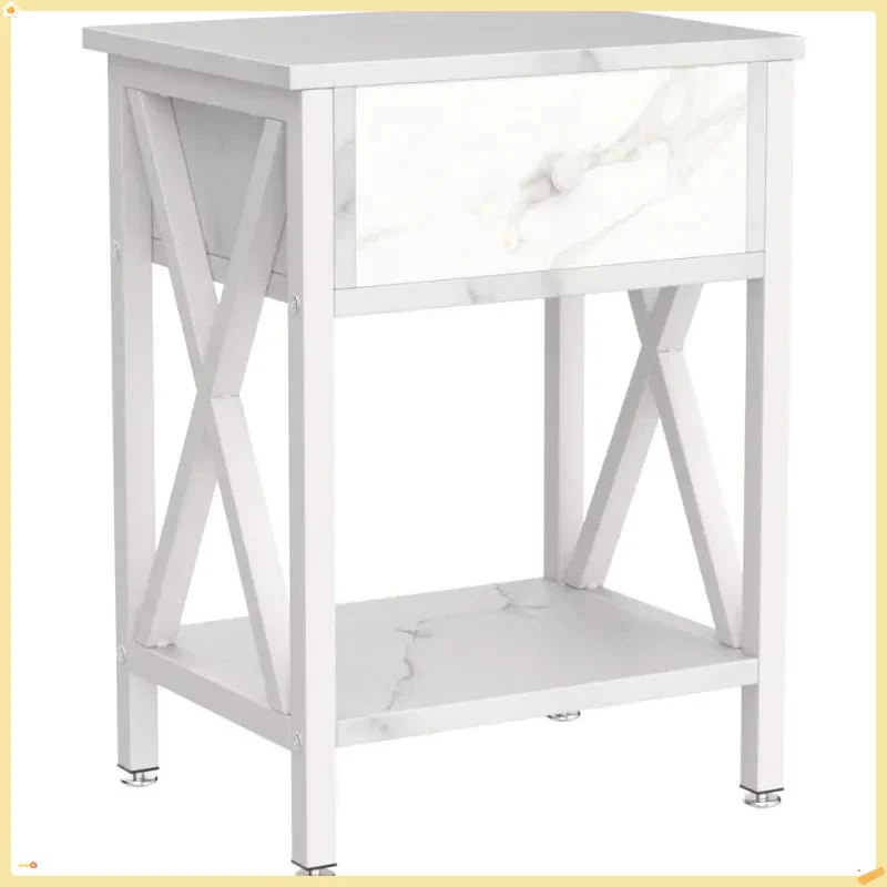 Modern Nightstand Set of 2 with Storage Shelf & Drawer, White End Table for Bedroom Living Room
