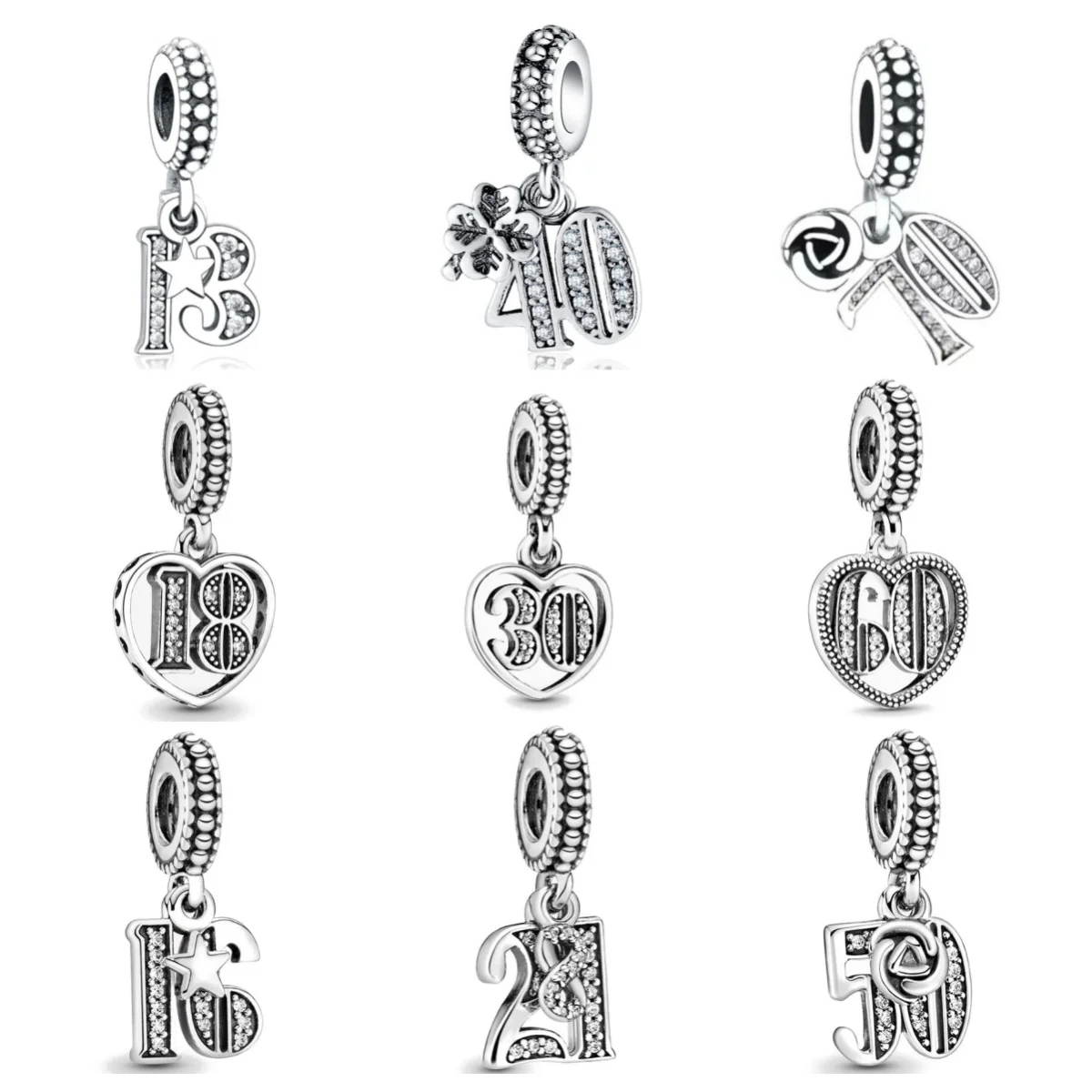 

Hot selling 925 silver 16 18 21 30 Love Anniversary Birthday Pendant Beads Fit European Bracelets, Necklaces DIY Jewelry Gifts