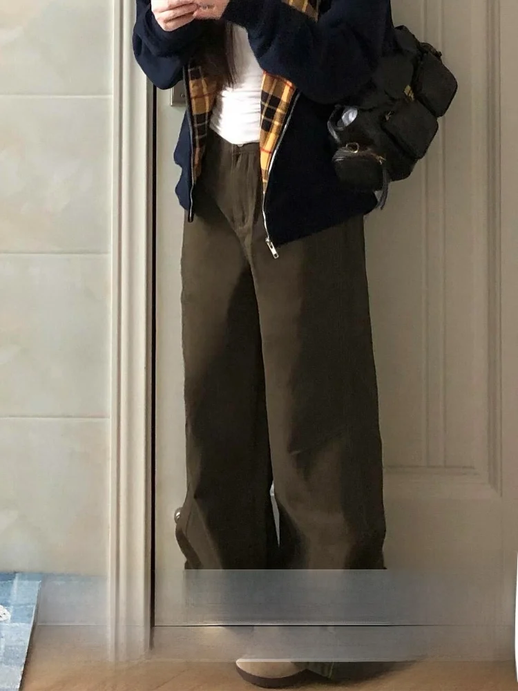 

Коричневые джинсы с широкими штанинами в американском стиле, женские осенне-зимние свободные джинсы с новой талией, джинсы с высокой талией Le Pattern