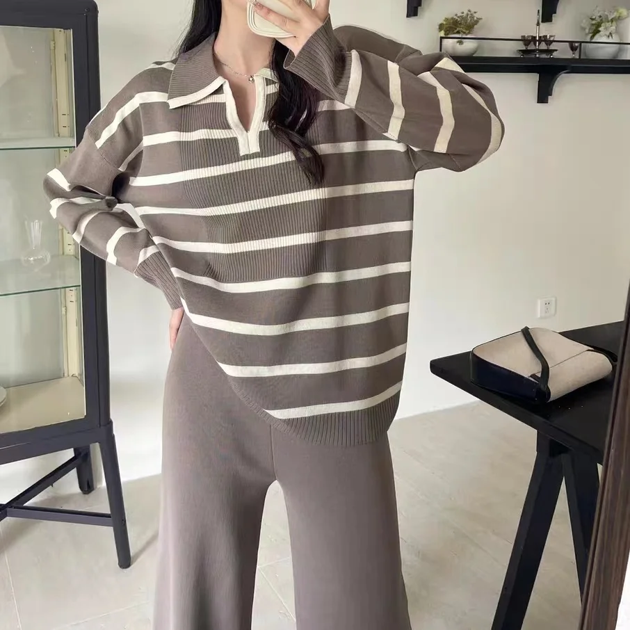 New In Elegant Womens 2 Piece Outfit Set Casual Stripe Sweater Matching Sets Korean Long Sleeve Tops Pants Knitwear Pullovers