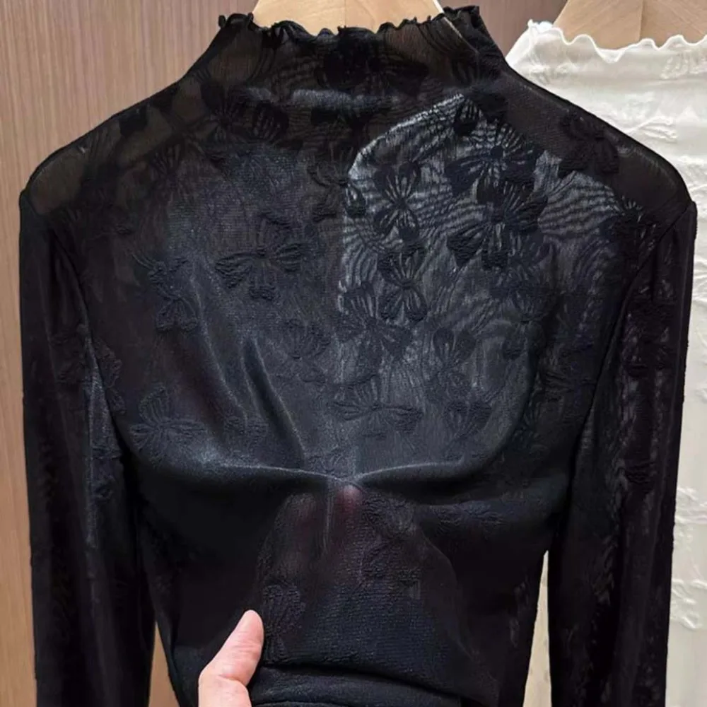 Hollow Out Lace Bottomed Blouse Bowknot Half High Collar Lace See Through Tops Sheer Tees Long Sleeve Basic Undershirt