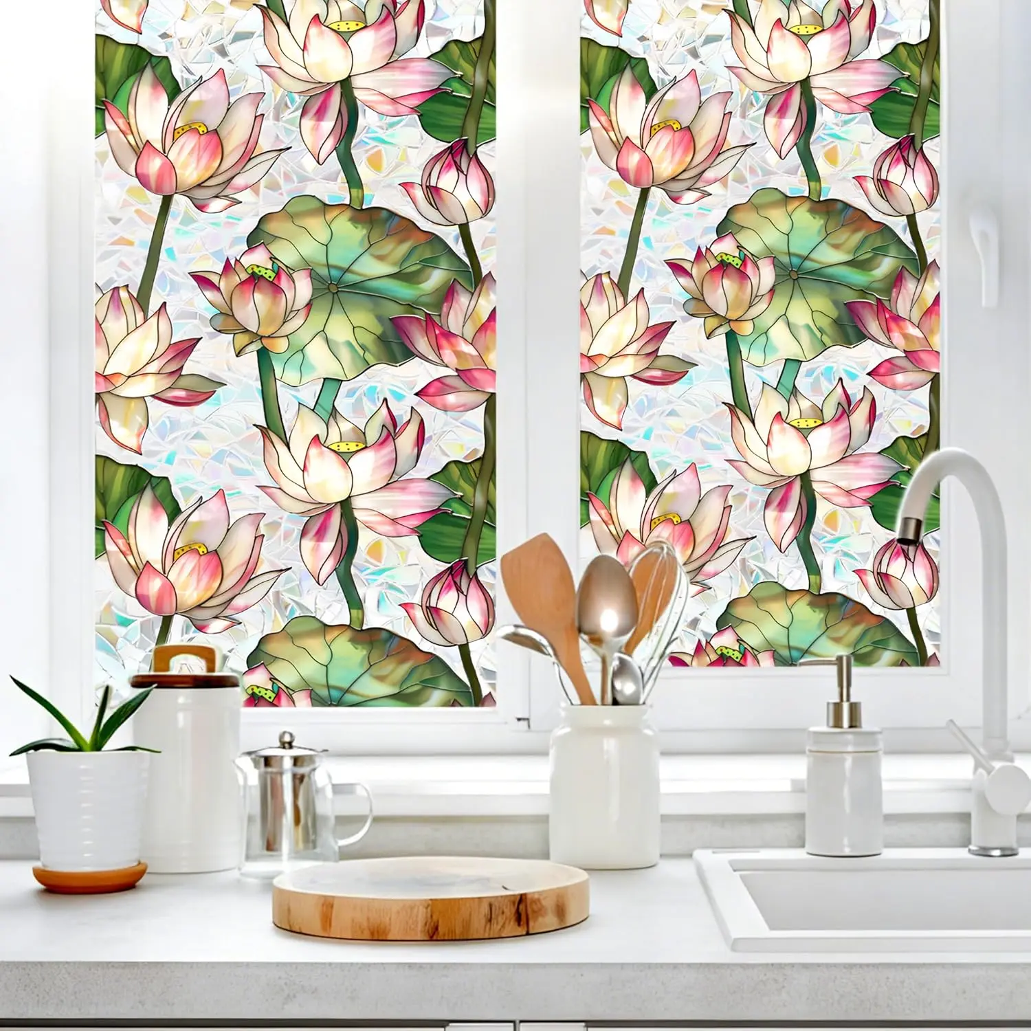 Lotus Flower Privacy Window Film Stained Glass, Static Cling Reusable, Anti UV Heat Blocking Light Softening Tint Cover for Home