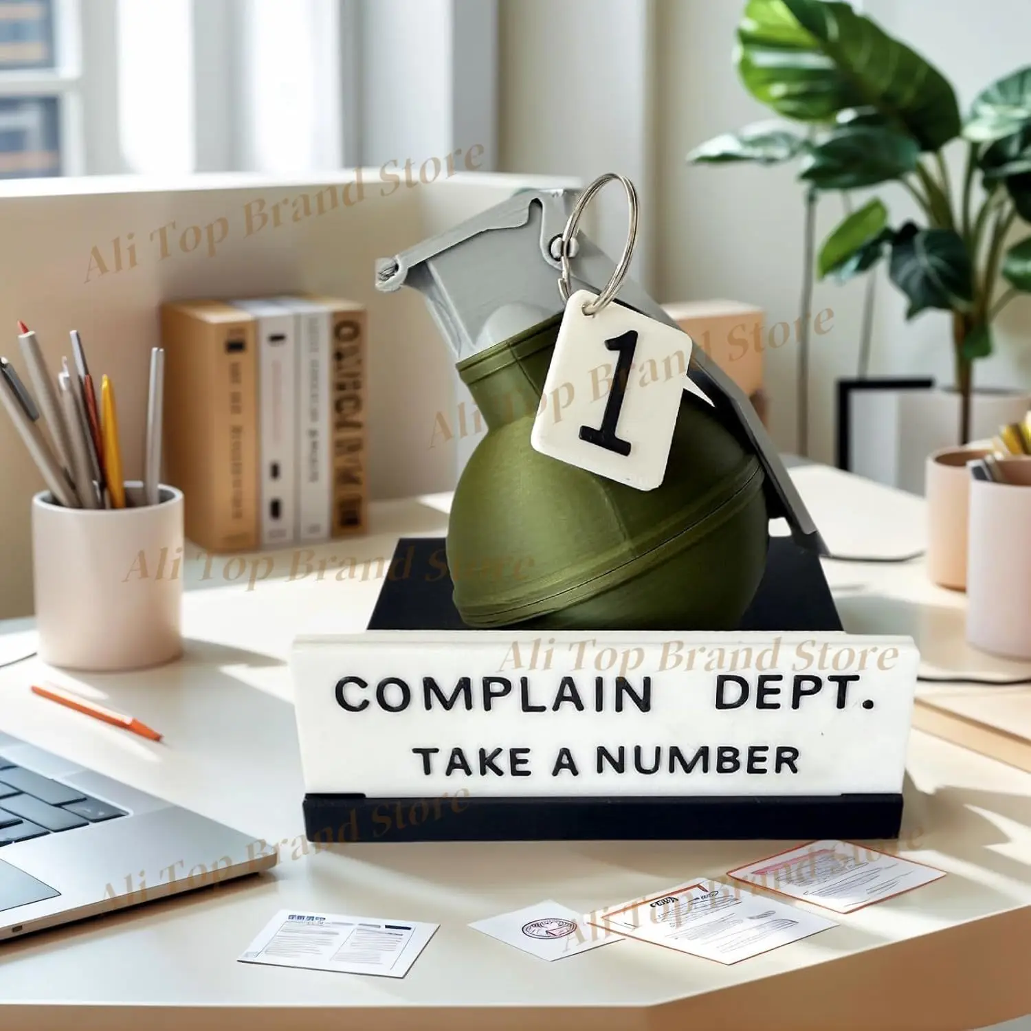 Complaint Department Desk Sign with 3D Printed Grenade- Funny Desk Toys for Coworkers