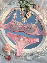 Sexy Lingerie Women Embroidered Flowers Transparent Underwear pink Fairy Briefs Delicate Bra Push Up Breves Erotic Thin Bras Set