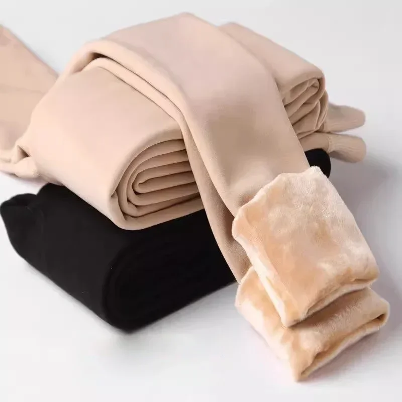Celana Ketat Berlapis Bulu Warna-warni Pantyhose Termal Wanita untuk Wanita Celana Dalam Musim Dingin Stoking Efek Hitam Kulit Kutub Legging Termal