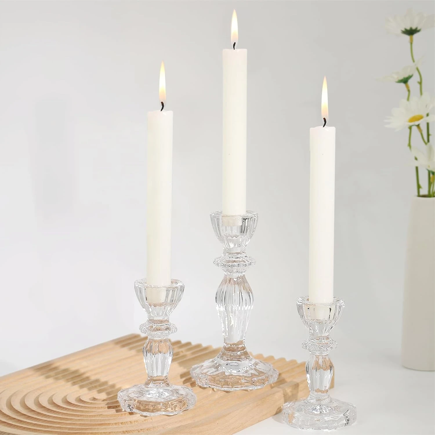 Clear Glass Candlestick Holders, Stripe Design Taper Candle Holders, Table Centerpiece Decor for Wedding & Party Atmosphere