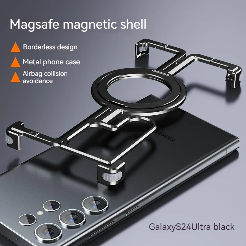 

Magnetic Metal Bracket Phone Case For Samsung Galaxy S23 S24 Ultra Aluminum Alloy Frameless Bumper With Finger Ring Phone Cover