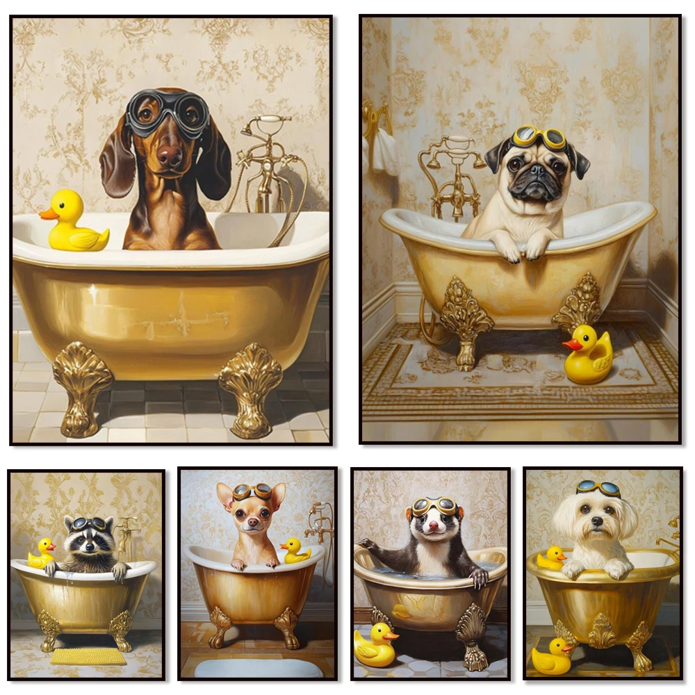 Pug, Greyhound, Dachshund, Doberman, and Maltese in a bathtub; dogs wearing swim goggles while bathing; bathroom poster.