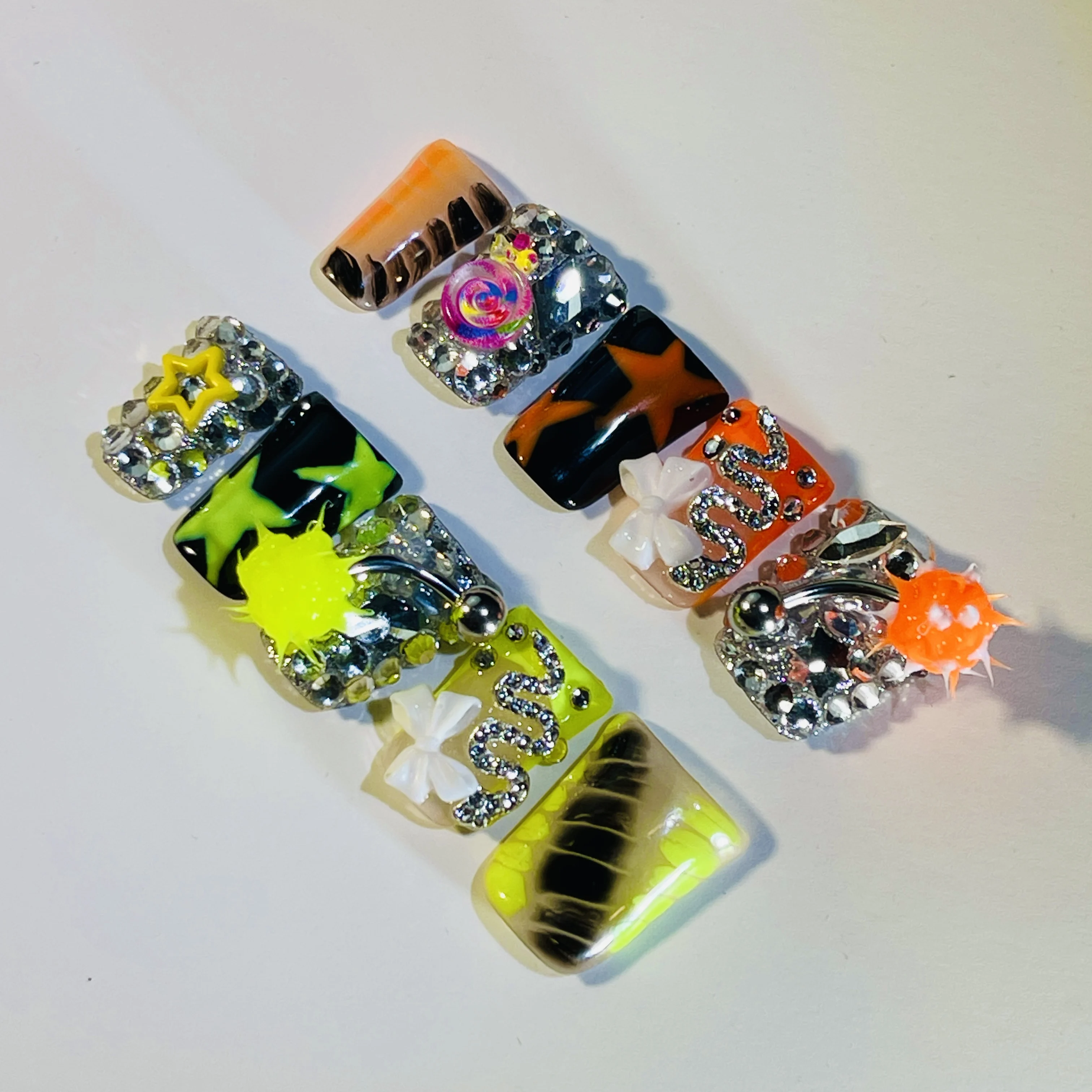 

Star Riot Duck Tip Press-On Nails,Handmade 2025 Cyber Y2K Nails With Neon Stars, Spikes, Piercings & Charms, Alt Glam Statement