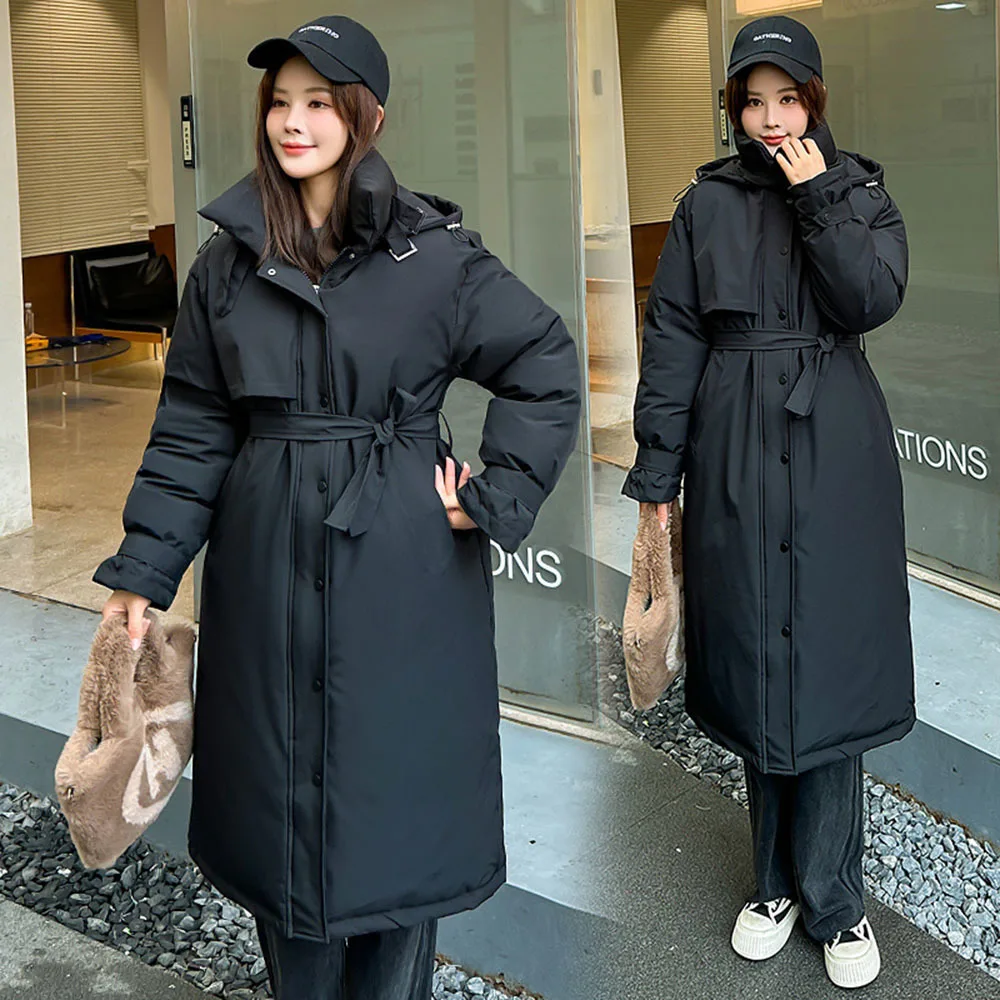 2024 Winter New Hooded Women's Parka Padded Clothing Midi Length Loose Minimalist Tooling Warm Coat Female Cotton Jacket Outwear