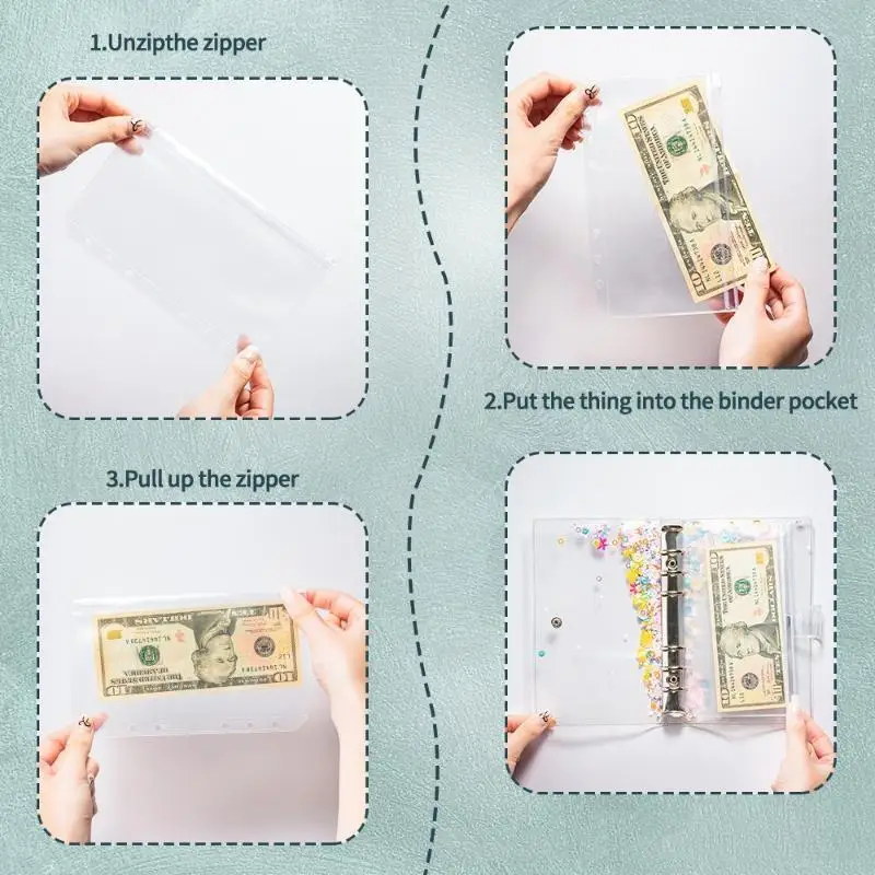 6 Holes Clear A6 Cash Envelopes 10Pcs Zipper Binder Pockets for Home Budgeting Office File Receipt Storage Organizer