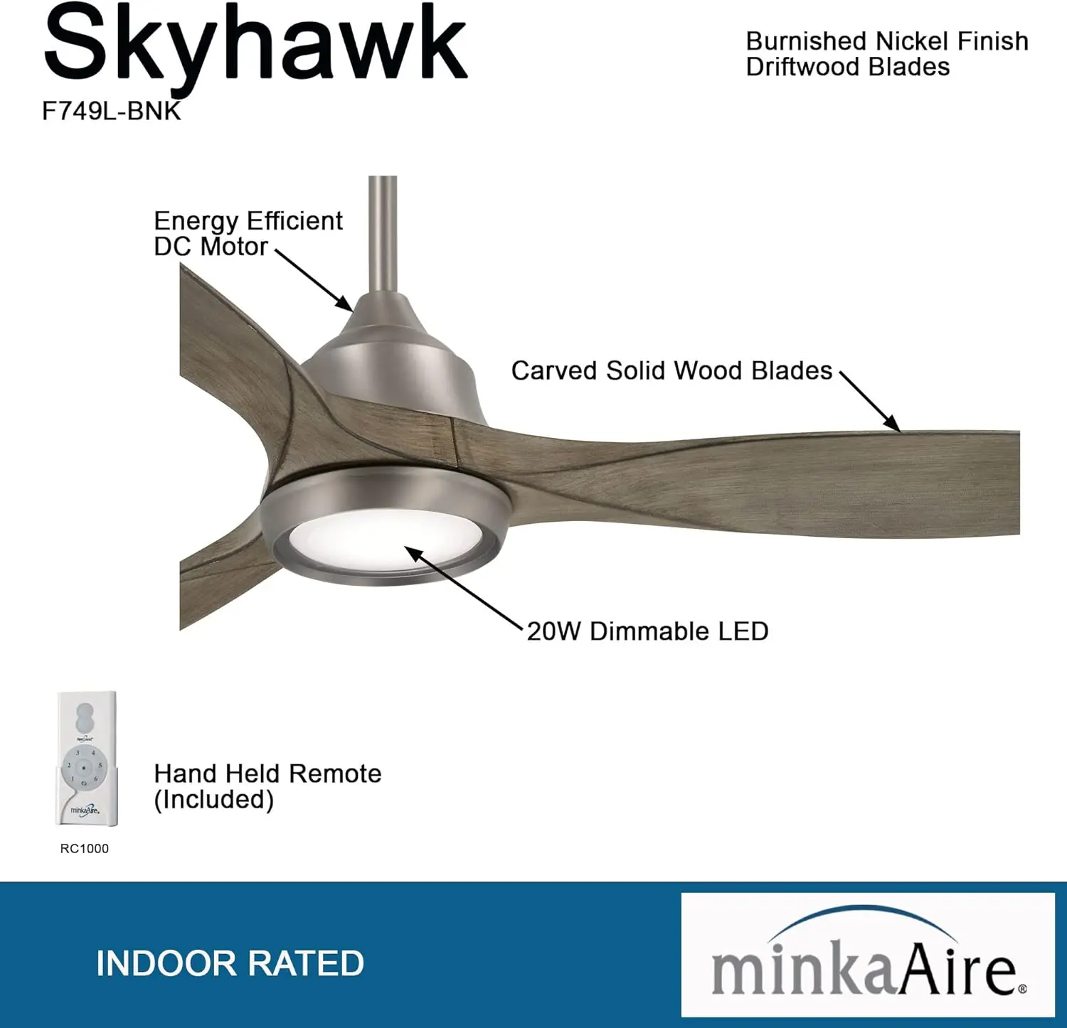 MINKA-AIRE F749L-BNK Skyhawk 60 Inch LED Ceiling Fan with  Blades, Integrated LED Light and DC Motor in Burnished Nickel Finish