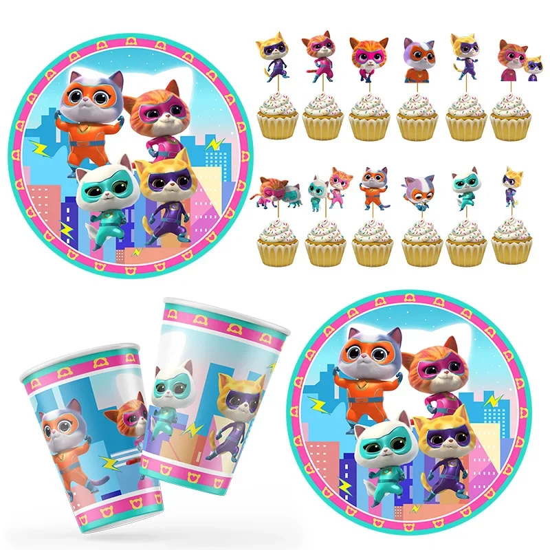 Superkitties Themed Party Cartoon Disposable Tableware Paper Plates Cups Balloons Birthday Decor Supplies Baby Shower Celebrate