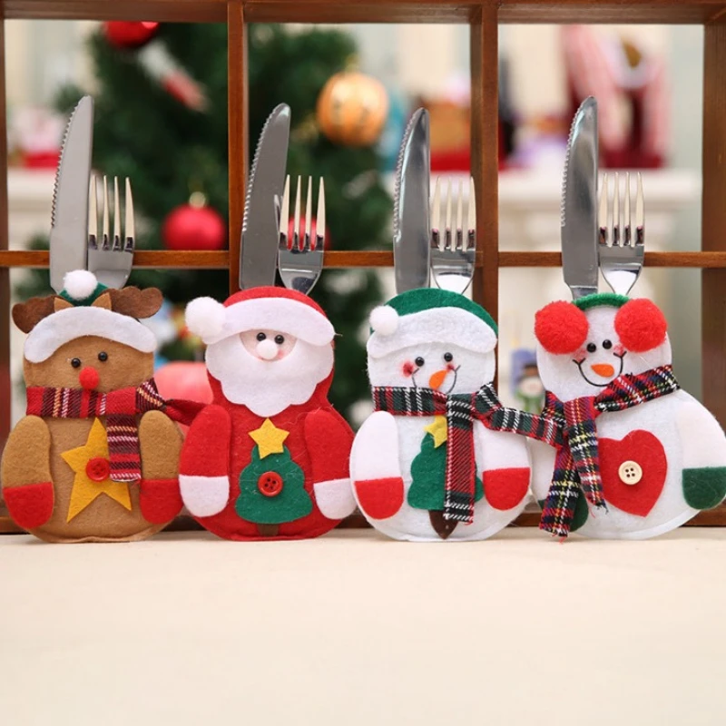 Christmas Elder Snowman Elk Doll Knife and Fork Cutlery Set Cloth Art Knife and Fork Set Decoration for XMAS Dining Table Decor