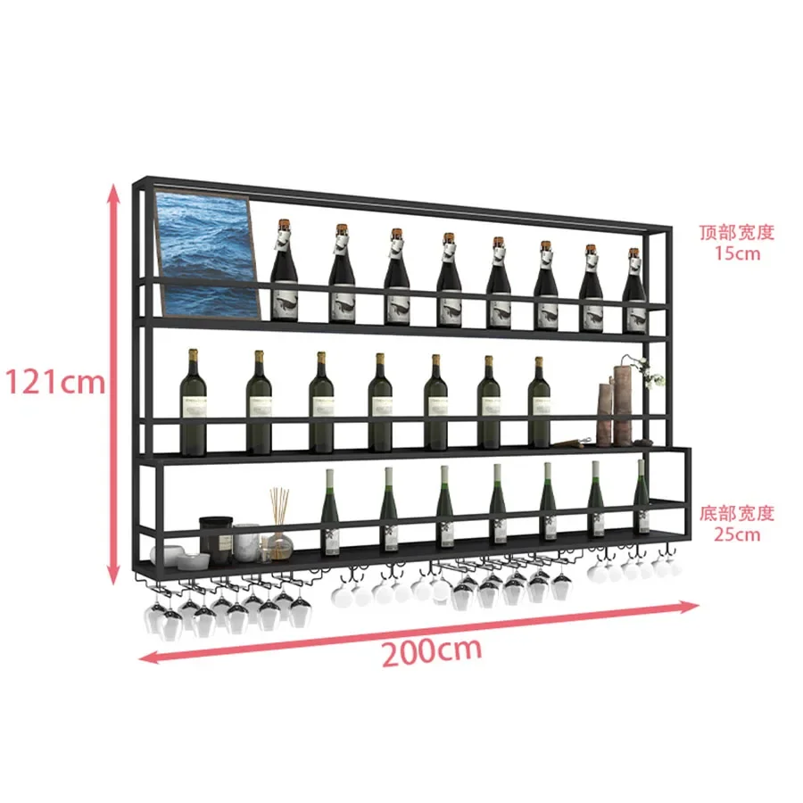 

Hanging Wine Rack Wall Mounted Led Lights Black Shelf Night Club Restaurant Decorative Wine Cabinet Iron Szafka Bar Furniture