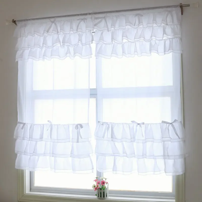 

Fashion Curtain Panels Ruffled and Ribbon Bow Design Sheer Voile Bedroom Window Curtains 2PCS