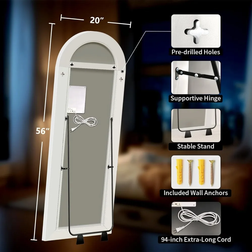 Illuminated Arched 56x20 Full-Length Mirror with Adjustable Brightness and Multicolor Lighting, Shatter Resistant, Versatile for