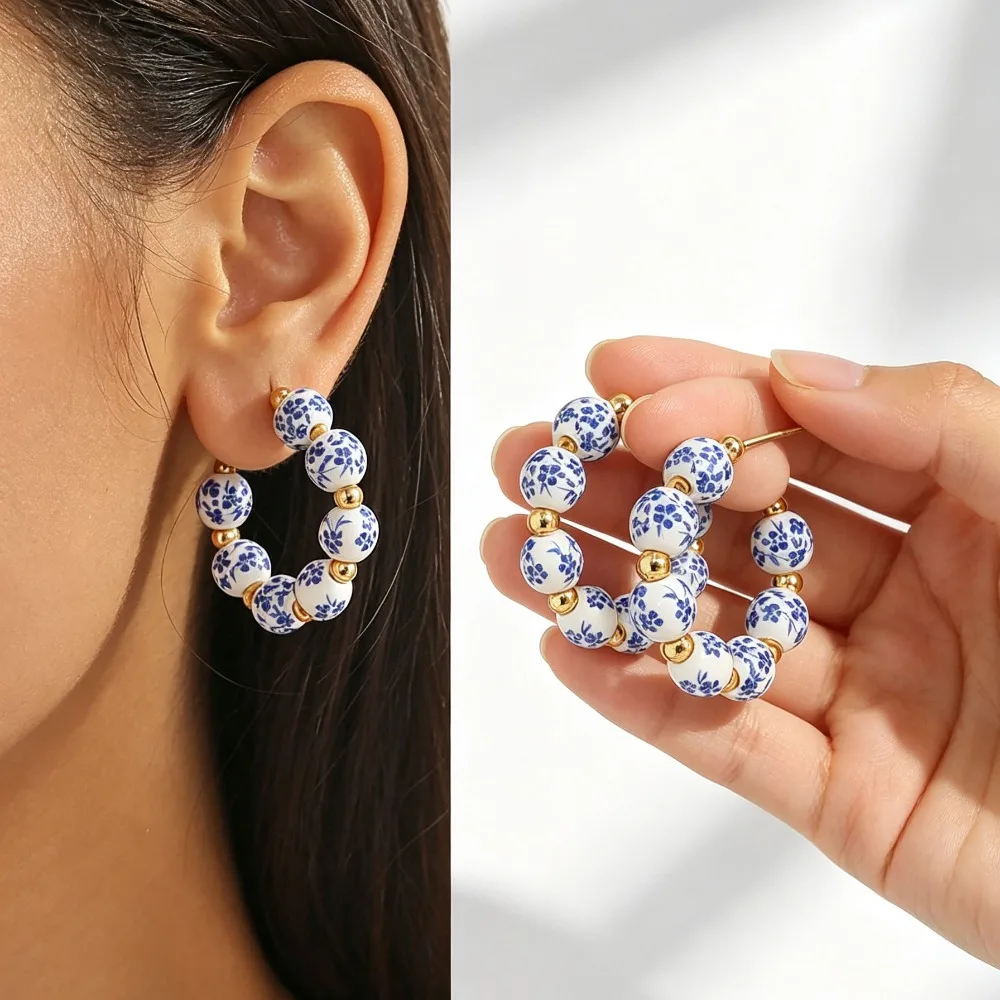Bohemian Ceramic Handmade Blue White Porcelain Pearl Dangle Earrings Korean Style for Women Girls Casual Daily Accessories