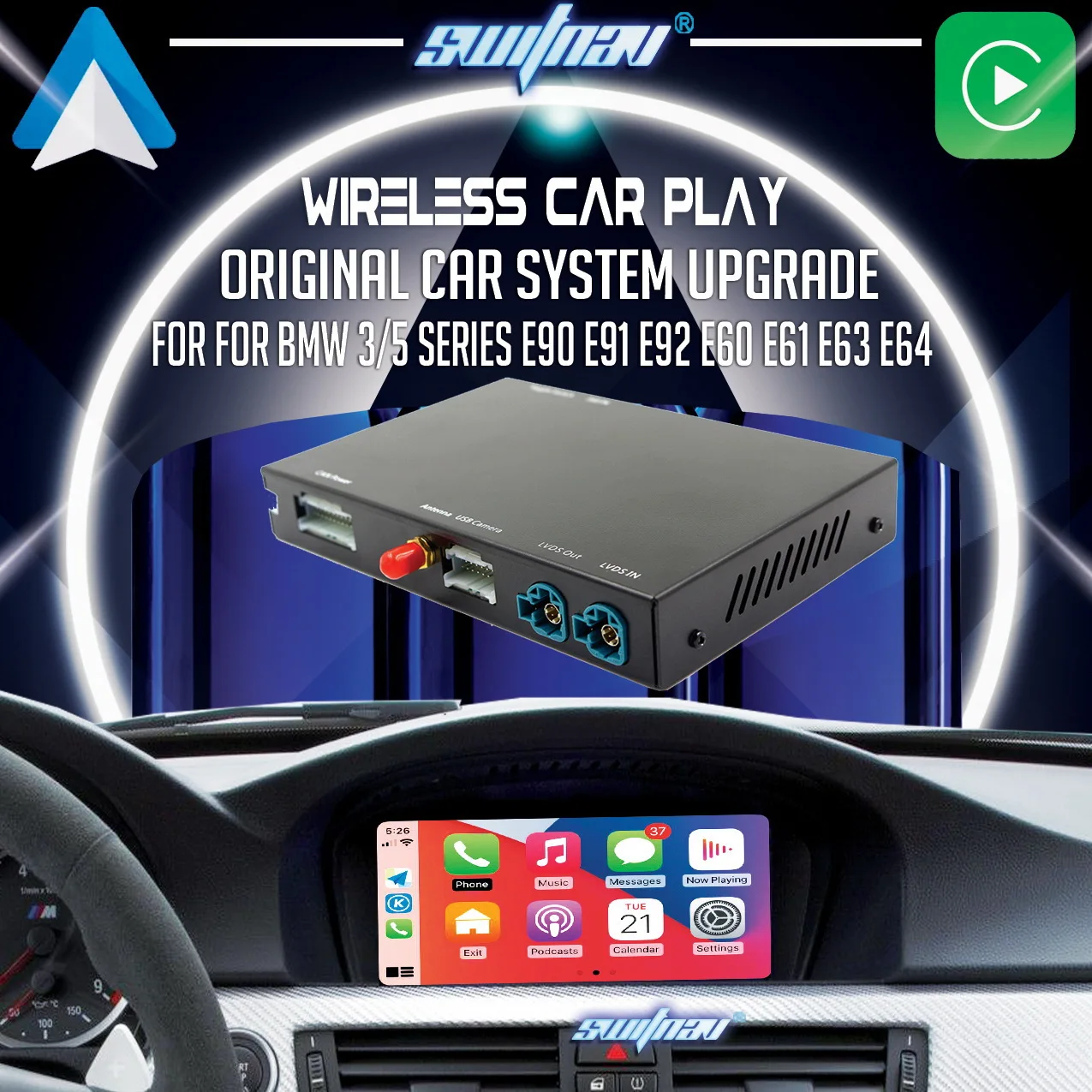 SWITNAV Wireless Carplay For BMW 3 Series E90 E91 E92 5Series E60 E61 CIC System Mirror Link AirPlay Carplay Android Auto Module