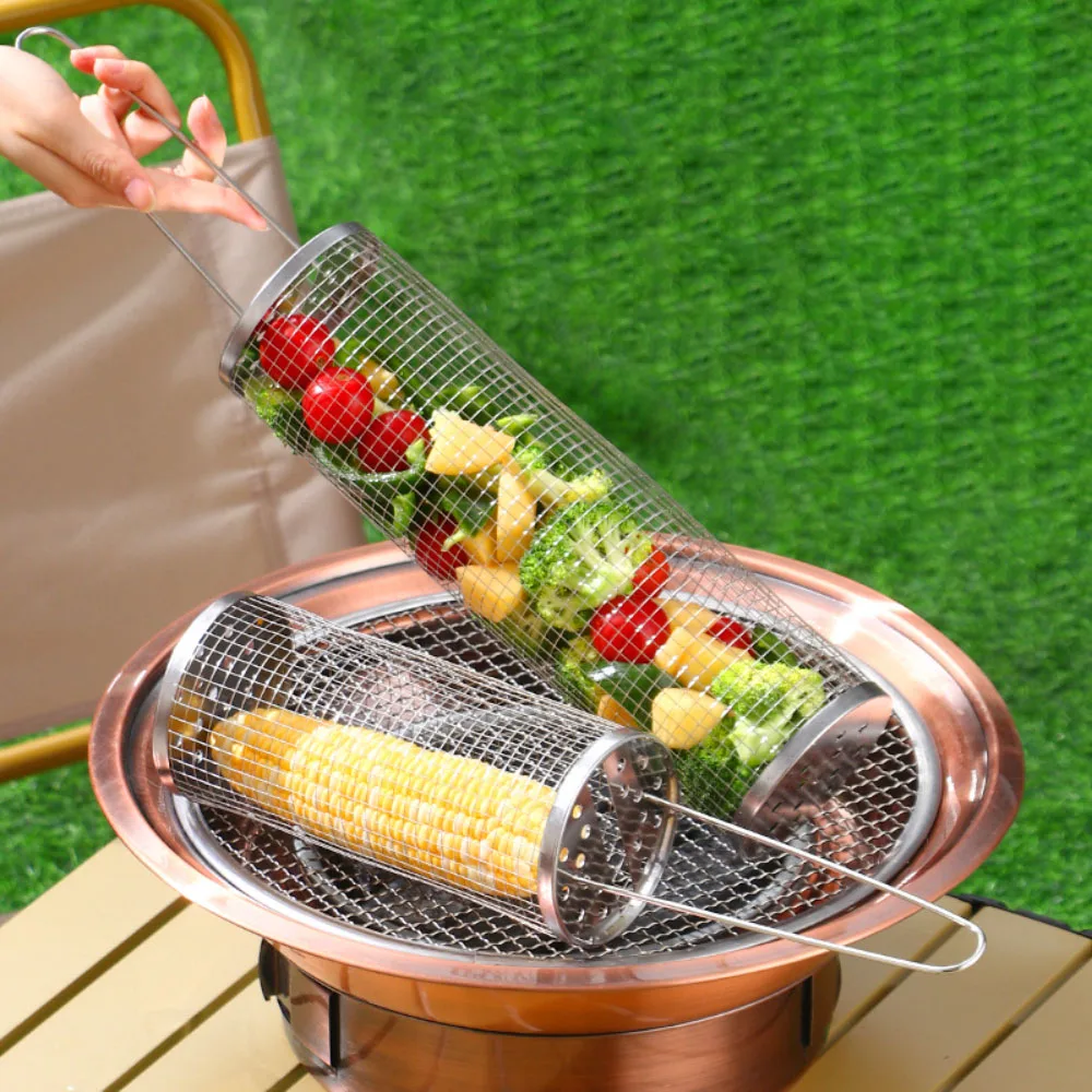 

Stainless Steel Round BBQ Grill Basket - Wire Mesh Rolling Cylinder for Outdoor Camping Portable Barbecue Rack