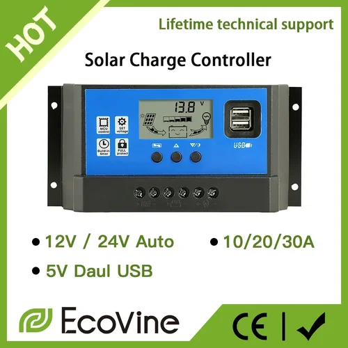 Controlador de carga de Panel Solar 12V 24V PWM MPPT 10A 20A 30A regulador de cargador de batería automotriz salida USB 5V Max PV 50V DC
