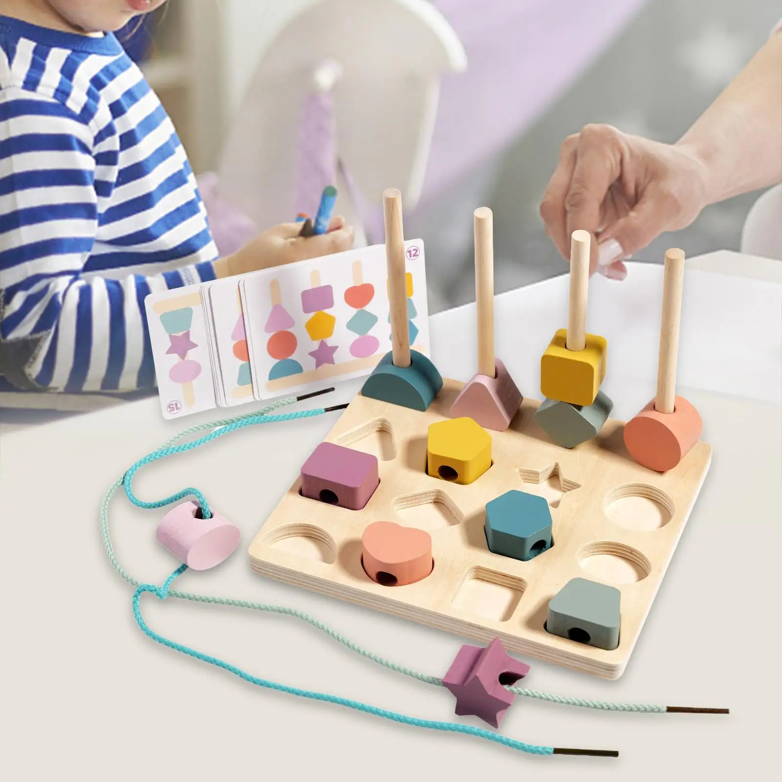 Montessori Wooden Beads Sequencing Toy Set Geometric Pairing Matching Shape Colors Stacker Color Cognition for Preschool Kids