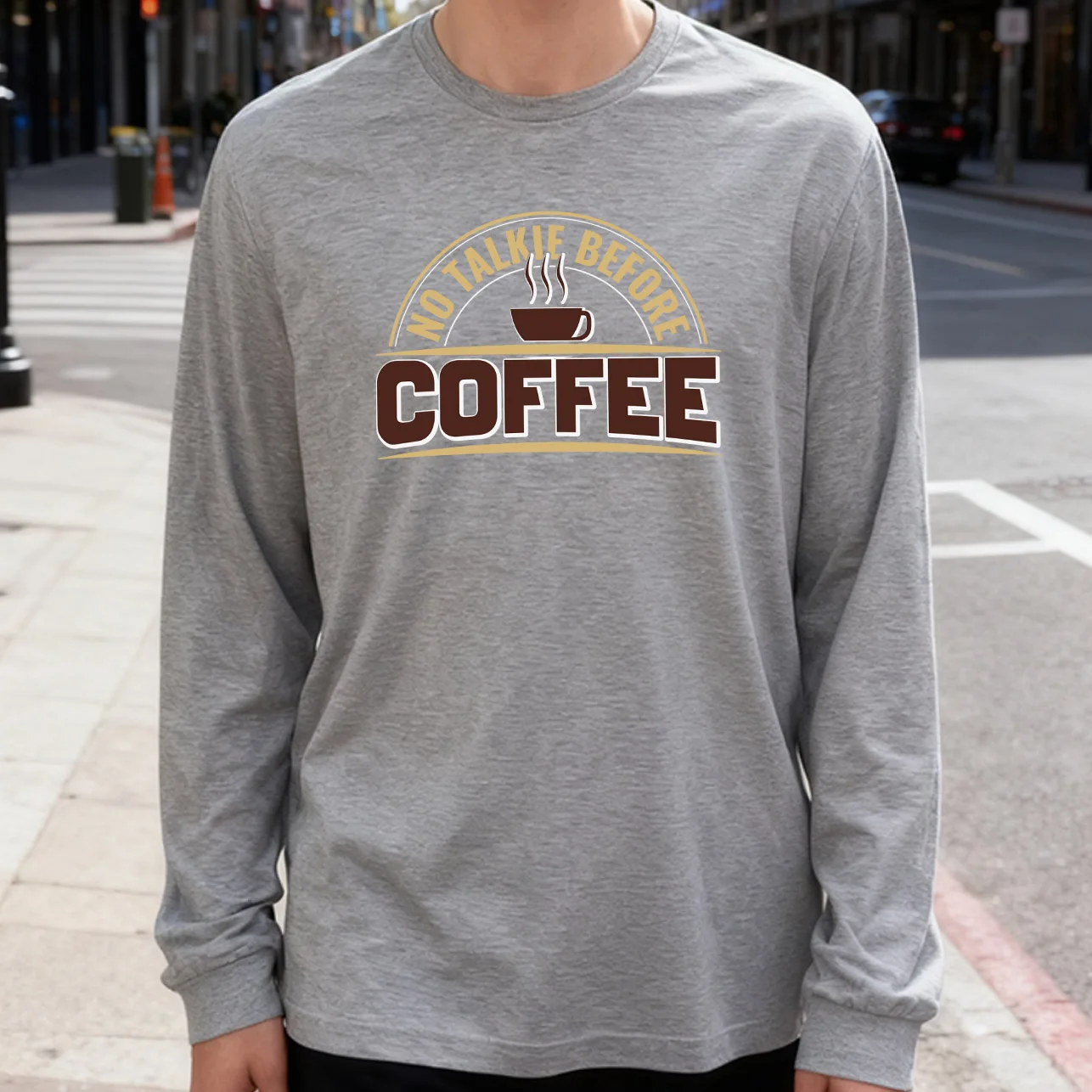 No Talkie before Coffee Men's Long Sleeve T-Shirt 180g 100% Cotton Printed Crew Neck Casual Daily Wear Soft and Breathable
