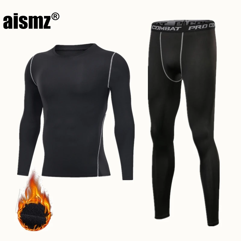 Aismz Winter Thermal Underwear Men Clothing Sportswear Compression Quick Dry Warm Long Johns Fitness Fleece Thermo Underwear Set