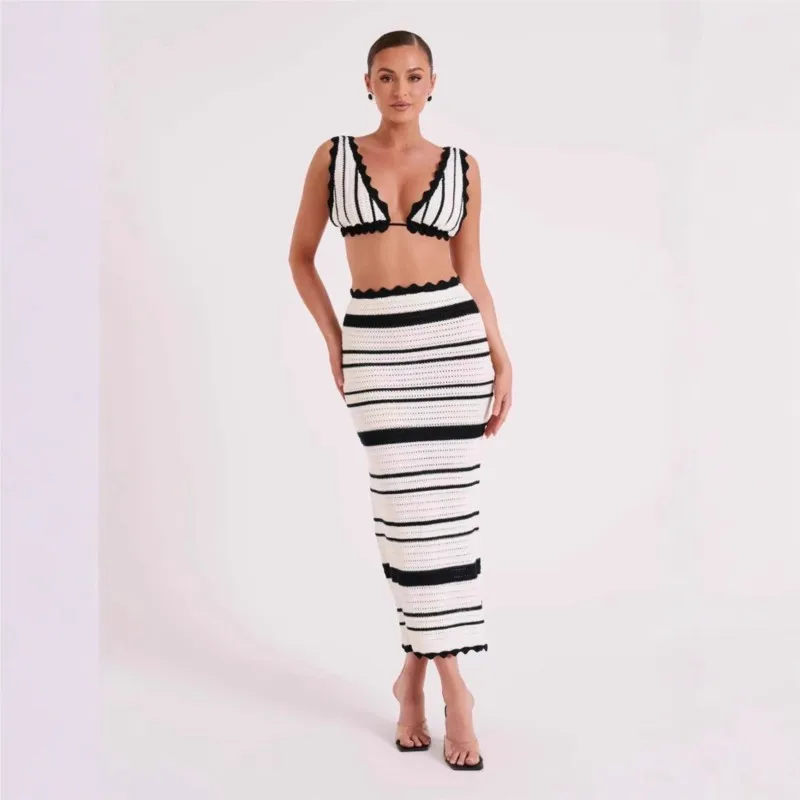 

Tossy Knit Striped 2 Piece-Set Long Skirt Female Ruffled V-Neck Casual Beach Holiday Contrast Outfits Knitwear Maxi Skirt Sets