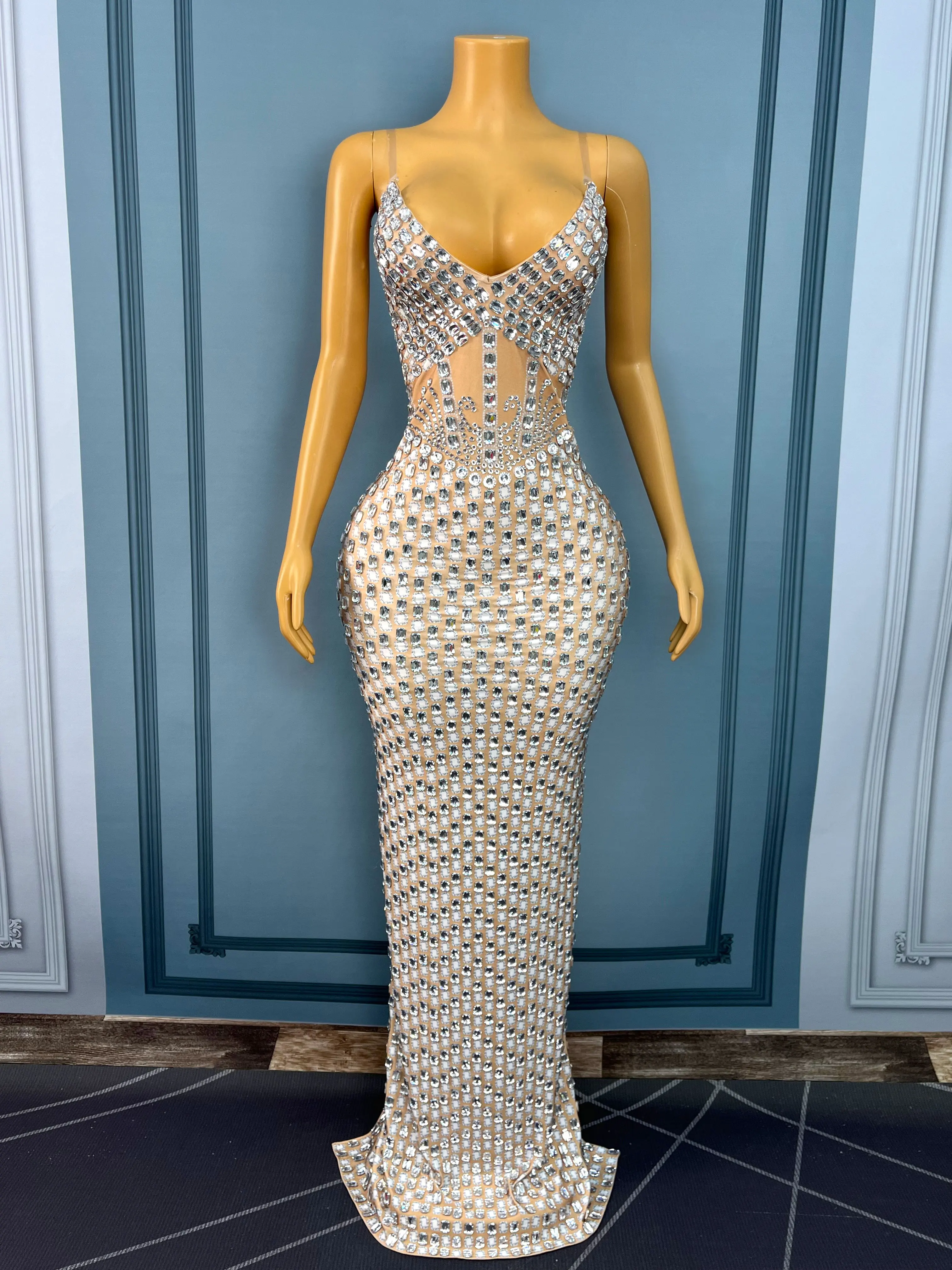 

Special shiny rhinestones sexy Bling Floor-length evening dress striped mesh party club vestido dunpai