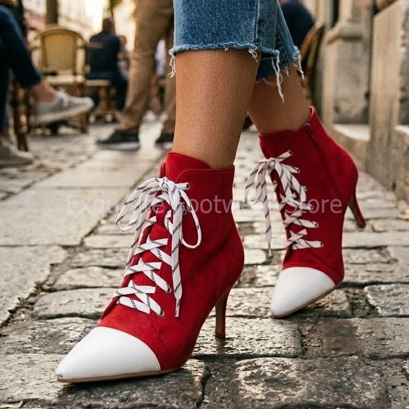 Women Colorblock Suede Ankle Boots Pointed Toe Lace-Up Stiletto Kitten High Heels Dress Party Office Booties Women's Footwear